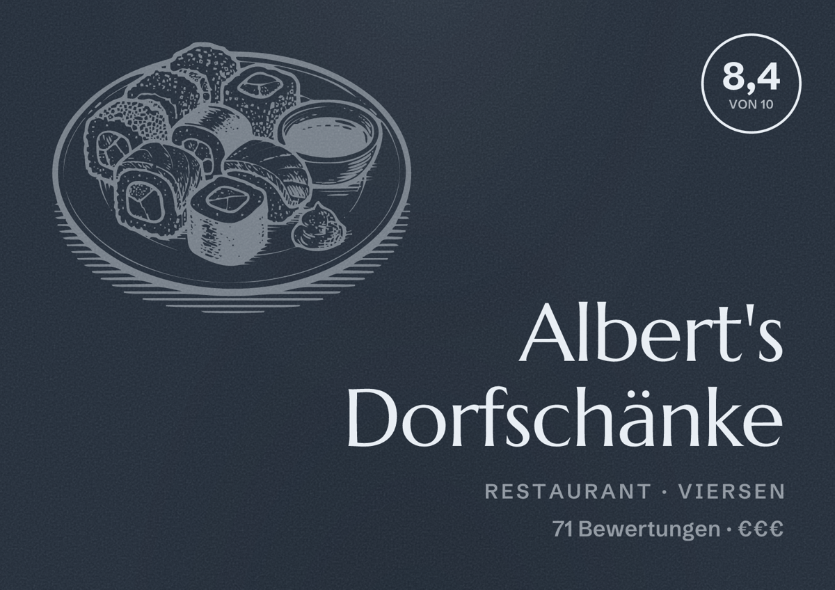 Illustriertes Poster von Albert's Dorfschänke, Restaurant in Viersen: Bewertung 8,4 von 10 aus 71 Bewertungen, Preisniveau €€€