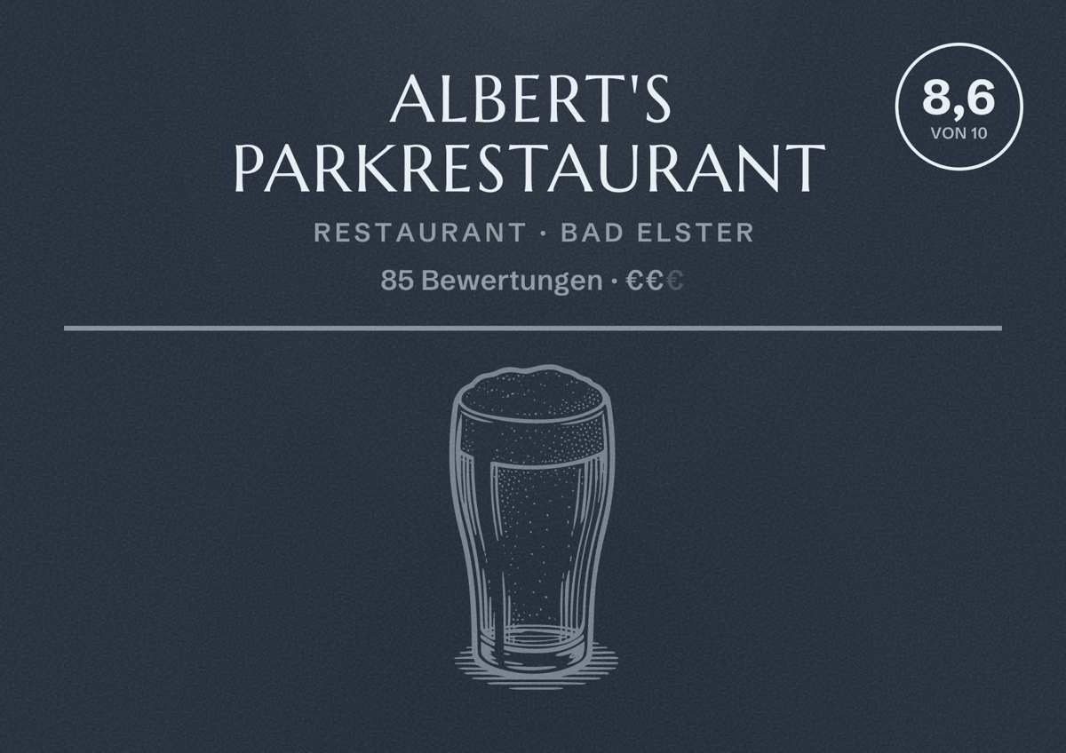 Illustriertes Poster von Albert's Parkrestaurant, Restaurant in Bad Elster: Bewertung 8,6 von 10 aus 85 Bewertungen, Preisniveau €€