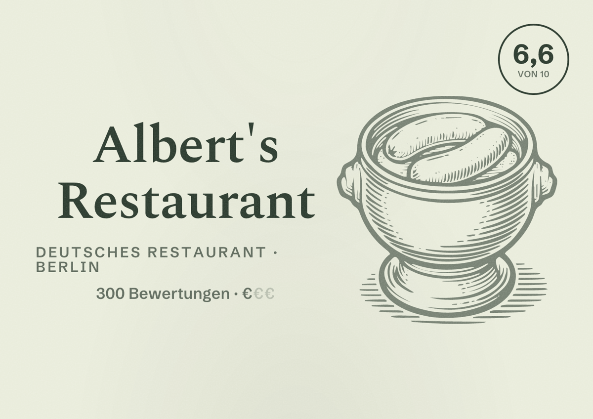 Illustriertes Poster von Albert's Restaurant, Deutsches Restaurant in Berlin: Bewertung 6,6 von 10 aus 300 Bewertungen, Preisniveau €
