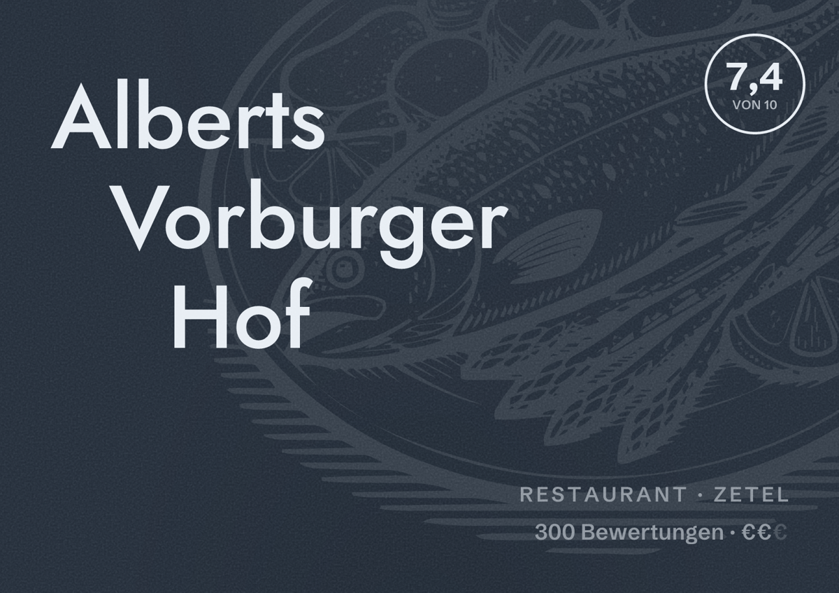 Illustriertes Poster von Alberts Vorburger Hof, Restaurant in Zetel: Bewertung 7,4 von 10 aus 300 Bewertungen, Preisniveau €€