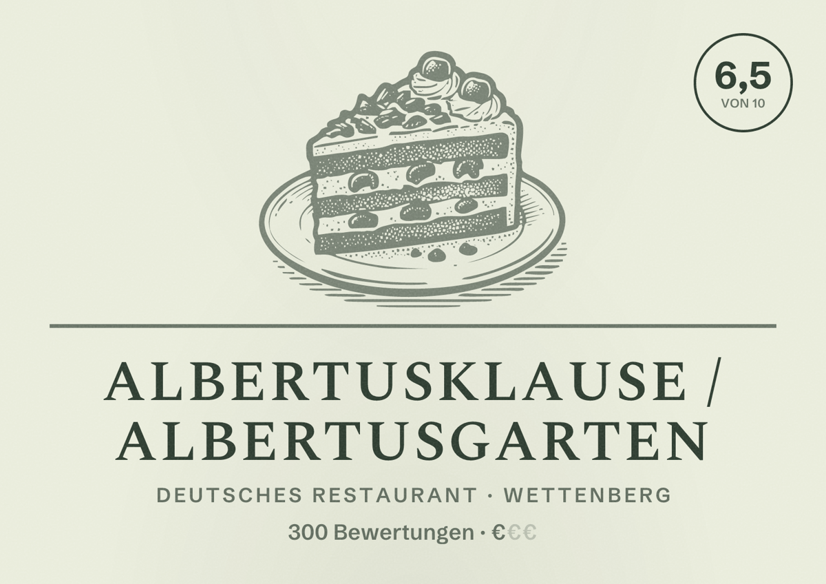 Illustriertes Poster von Albertusklause / Albertusgarten, Deutsches Restaurant in Wettenberg: Bewertung 6,5 von 10 aus 300 Bewertungen, Preisniveau €