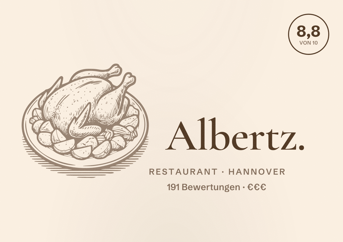 Illustriertes Poster von Albertz., Restaurant in Hannover: Bewertung 8,8 von 10 aus 191 Bewertungen, Preisniveau €€€