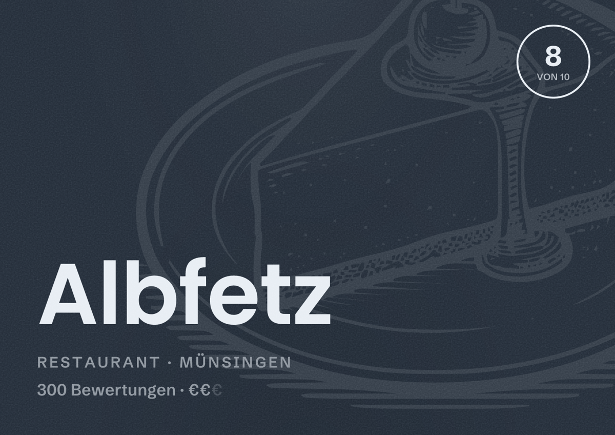 Illustriertes Poster von Albfetz, Restaurant in Münsingen: Bewertung 8 von 10 aus 300 Bewertungen, Preisniveau €€