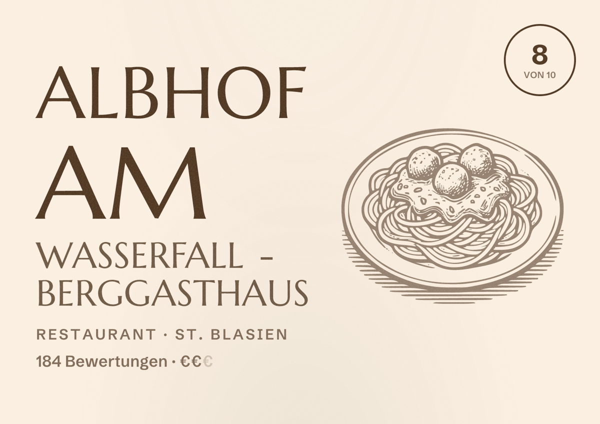 Illustriertes Poster von Albhof am Wasserfall - Berggasthaus, Restaurant in St. Blasien: Bewertung 8 von 10 aus 184 Bewertungen, Preisniveau €€