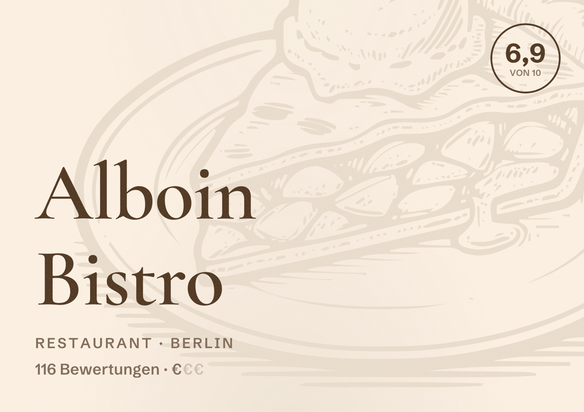 Illustriertes Poster von Alboin Bistro, Restaurant in Berlin: Bewertung 6,9 von 10 aus 116 Bewertungen, Preisniveau €