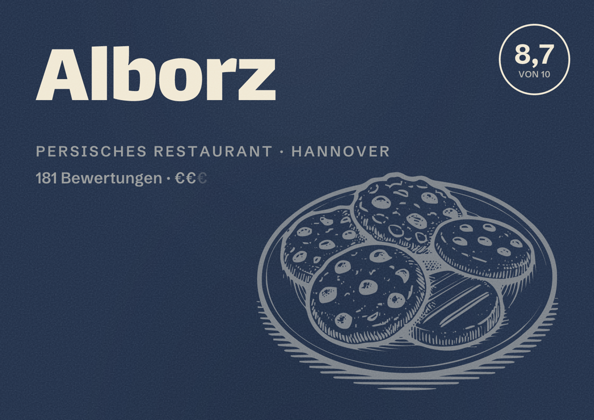 Illustriertes Poster von Alborz, Persisches Restaurant in Hannover: Bewertung 8,7 von 10 aus 181 Bewertungen, Preisniveau €€