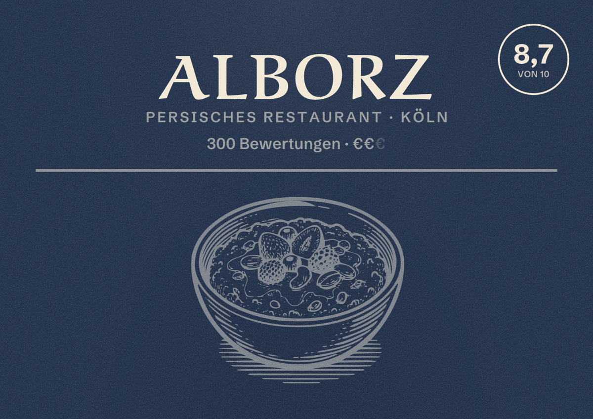 Illustriertes Poster von Alborz, Persisches Restaurant in Köln: Bewertung 8,7 von 10 aus 300 Bewertungen, Preisniveau €€