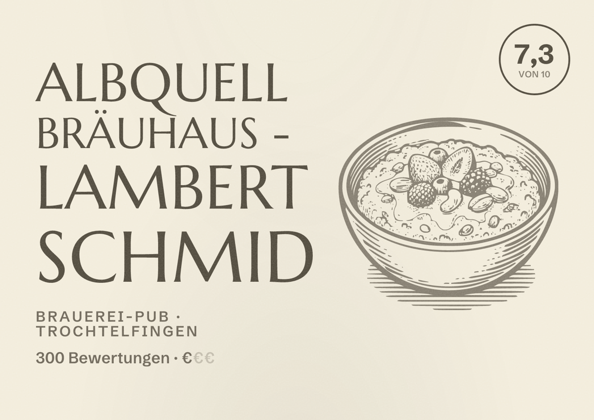 Illustriertes Poster von Albquell Bräuhaus - Lambert Schmid, Brauerei-Pub in Trochtelfingen: Bewertung 7,3 von 10 aus 300 Bewertungen, Preisniveau €