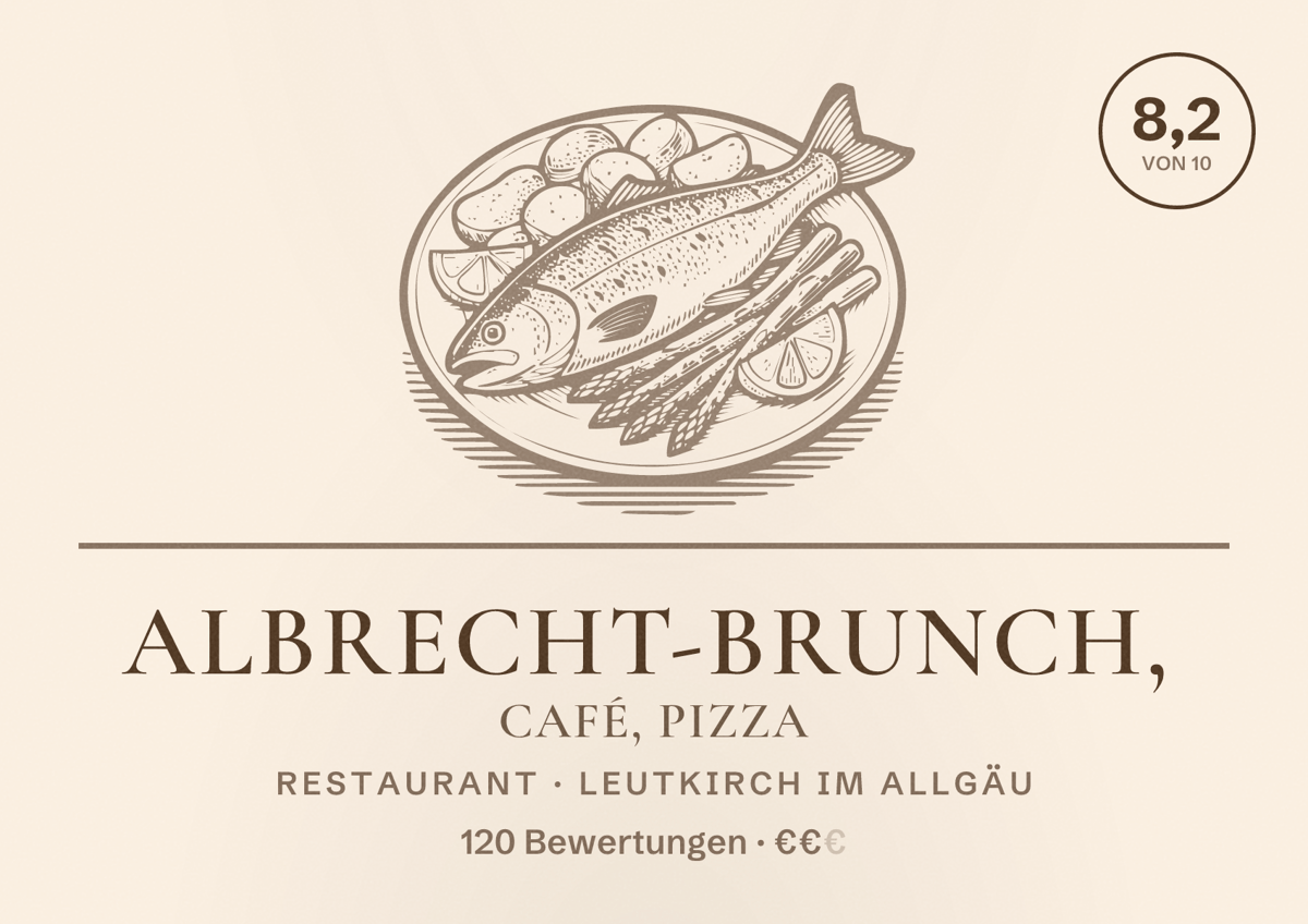 Illustriertes Poster von Albrecht-Brunch, Café, Pizza, Restaurant in Leutkirch im Allgäu: Bewertung 8,2 von 10 aus 120 Bewertungen, Preisniveau €€