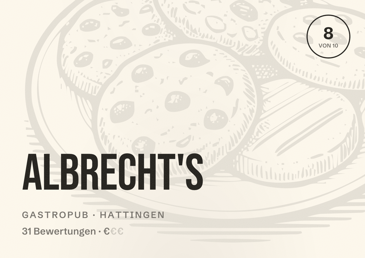 Illustriertes Poster von Albrecht's, Gastropub in Hattingen: Bewertung 8 von 10 aus 31 Bewertungen, Preisniveau €