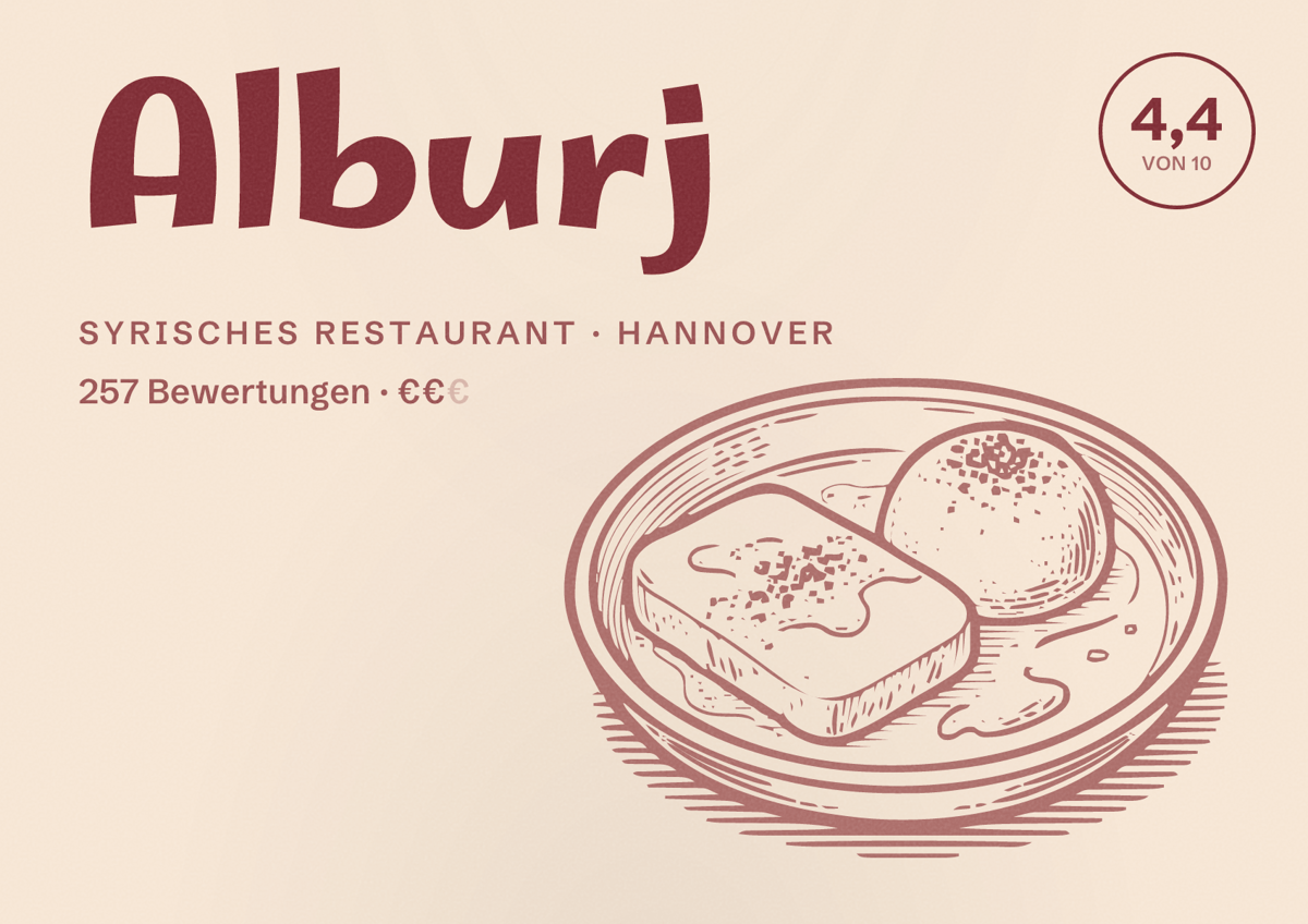 Illustriertes Poster von Alburj, Syrisches Restaurant in Hannover: Bewertung 4,4 von 10 aus 257 Bewertungen, Preisniveau €€