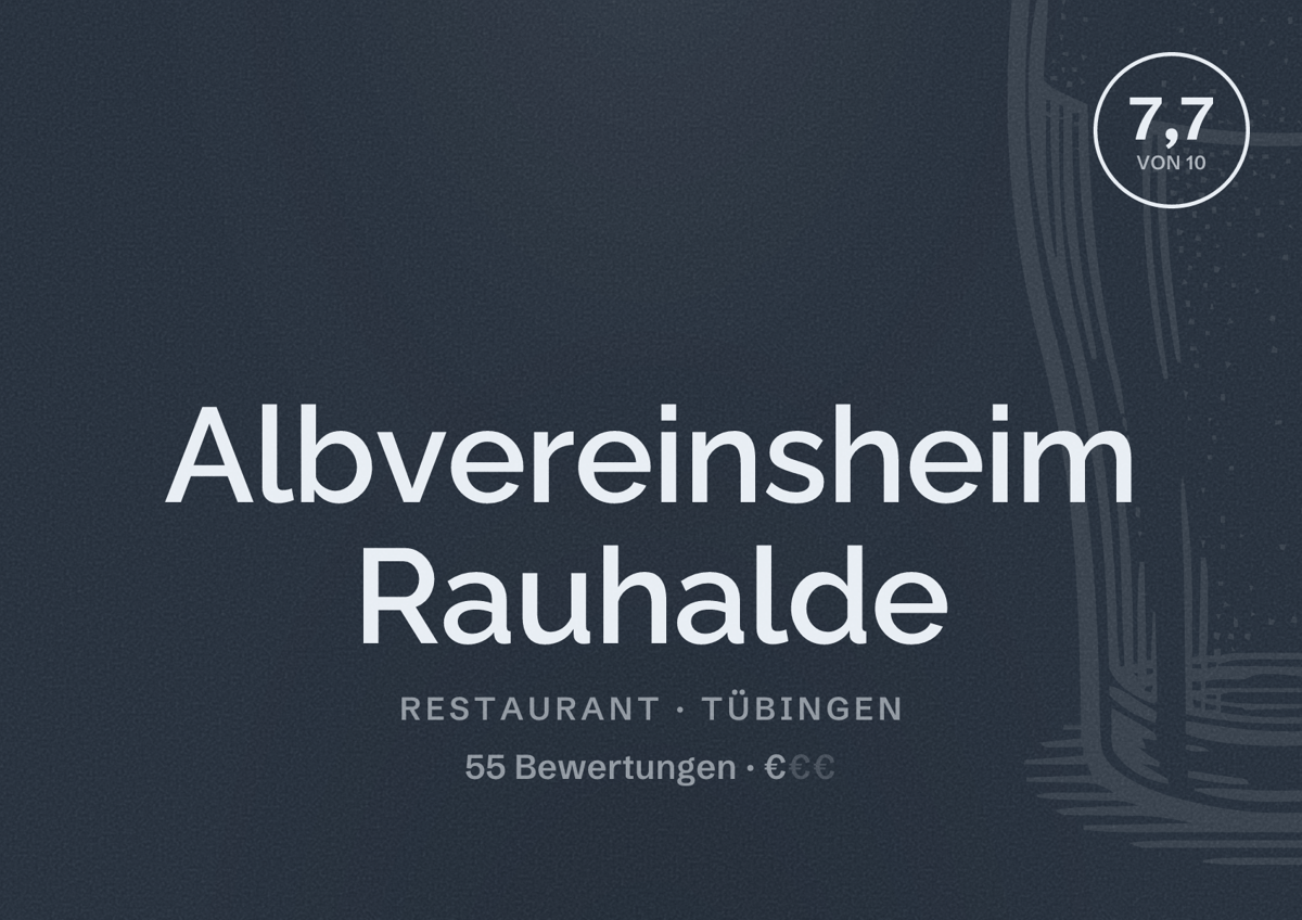 Illustriertes Poster von Albvereinsheim Rauhalde, Restaurant in Tübingen: Bewertung 7,7 von 10 aus 55 Bewertungen, Preisniveau €