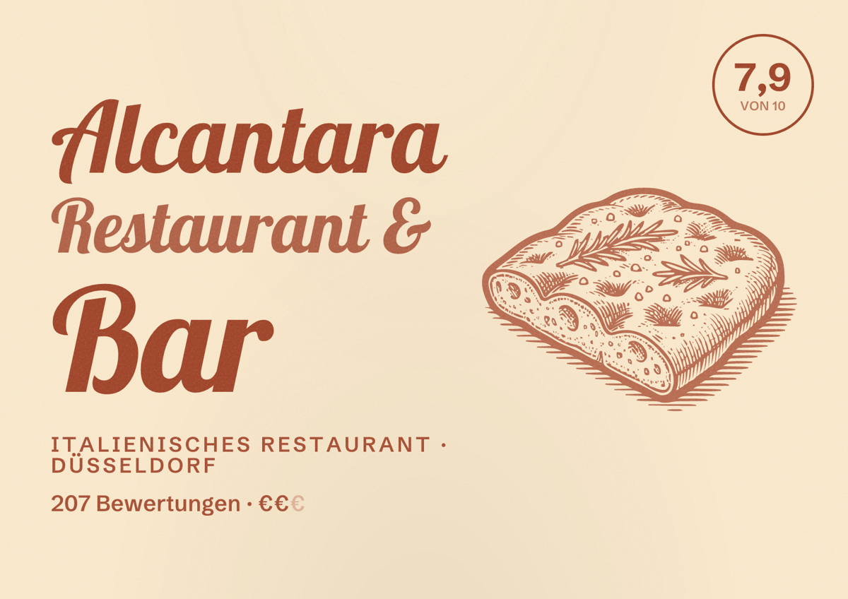 Illustriertes Poster von Alcantara Restaurant & Bar, Italienisches Restaurant in Düsseldorf: Bewertung 7,9 von 10 aus 207 Bewertungen, Preisniveau €€