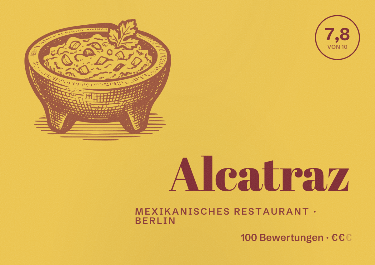 Illustriertes Poster von Alcatraz, Mexikanisches Restaurant in Berlin: Bewertung 7,8 von 10 aus 100 Bewertungen, Preisniveau €€