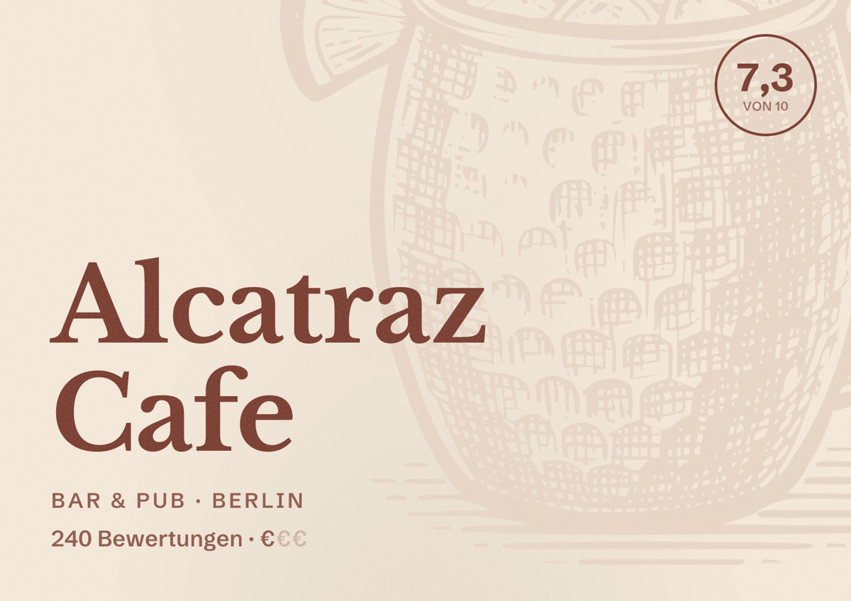 Illustriertes Poster von Alcatraz Cafe, Bar & Pub in Berlin: Bewertung 7,3 von 10 aus 240 Bewertungen, Preisniveau €