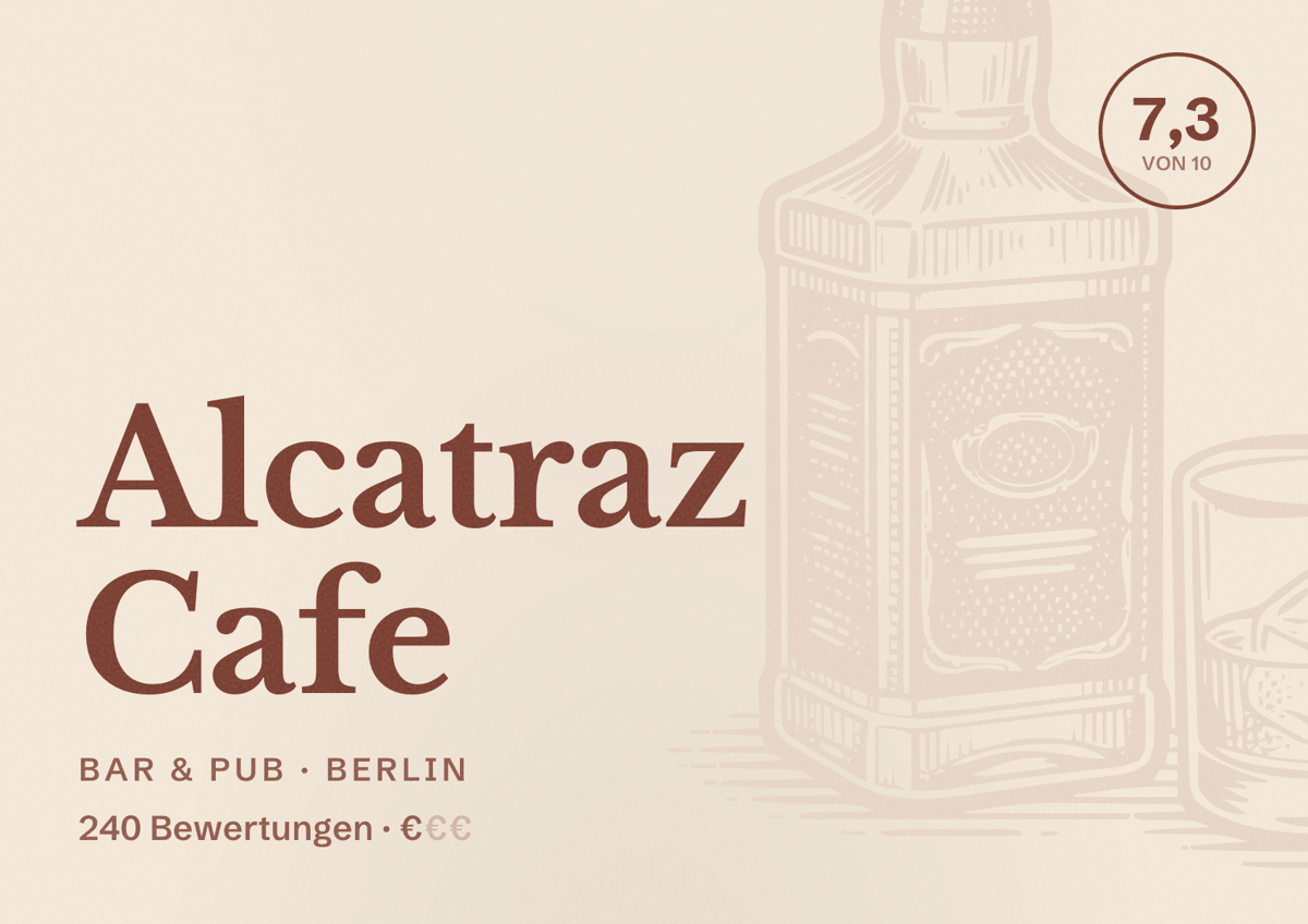 Illustriertes Poster von Alcatraz Cafe, Bar & Pub in Berlin: Bewertung 7,3 von 10 aus 240 Bewertungen, Preisniveau €