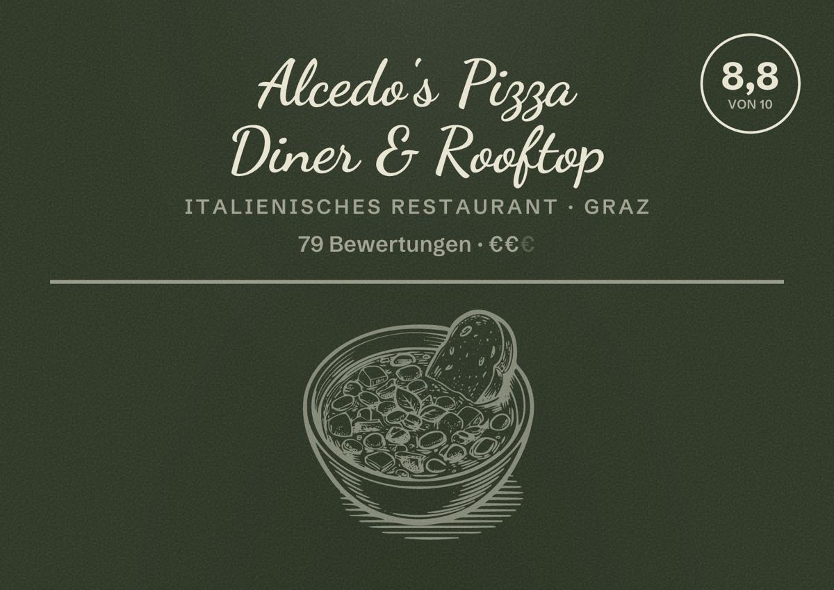 Illustriertes Poster von Alcedo's Pizza Diner & Rooftop, Italienisches Restaurant in Graz: Bewertung 8,8 von 10 aus 79 Bewertungen, Preisniveau €€