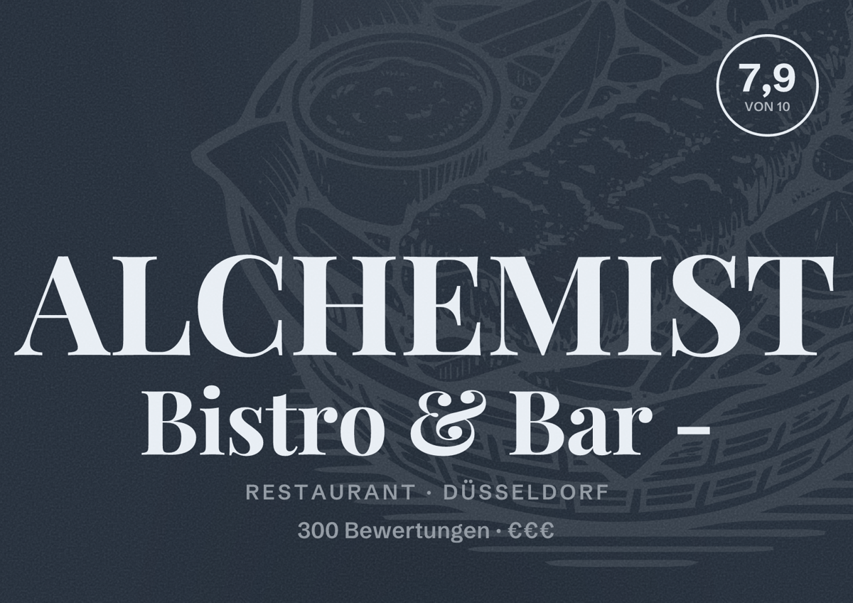 Illustriertes Poster von ALCHEMIST Bistro & Bar -, Restaurant in Düsseldorf: Bewertung 7,9 von 10 aus 300 Bewertungen, Preisniveau €€€