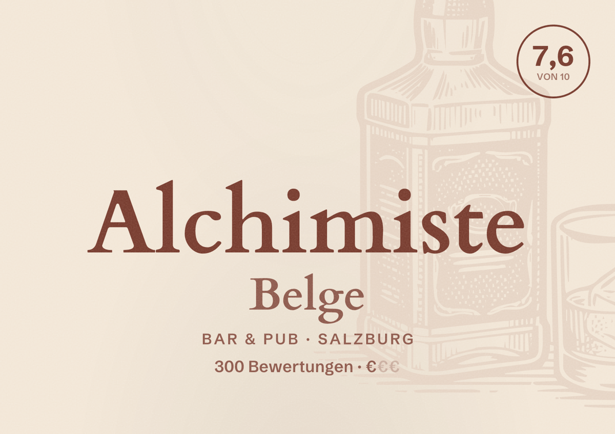 Illustriertes Poster von Alchimiste Belge, Bar & Pub in Salzburg: Bewertung 7,6 von 10 aus 300 Bewertungen, Preisniveau €