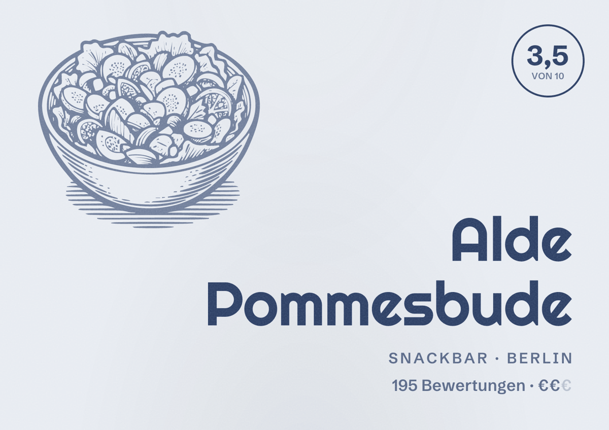 Illustriertes Poster von Alde Pommesbude, Snackbar in Berlin: Bewertung 3,5 von 10 aus 195 Bewertungen, Preisniveau €€