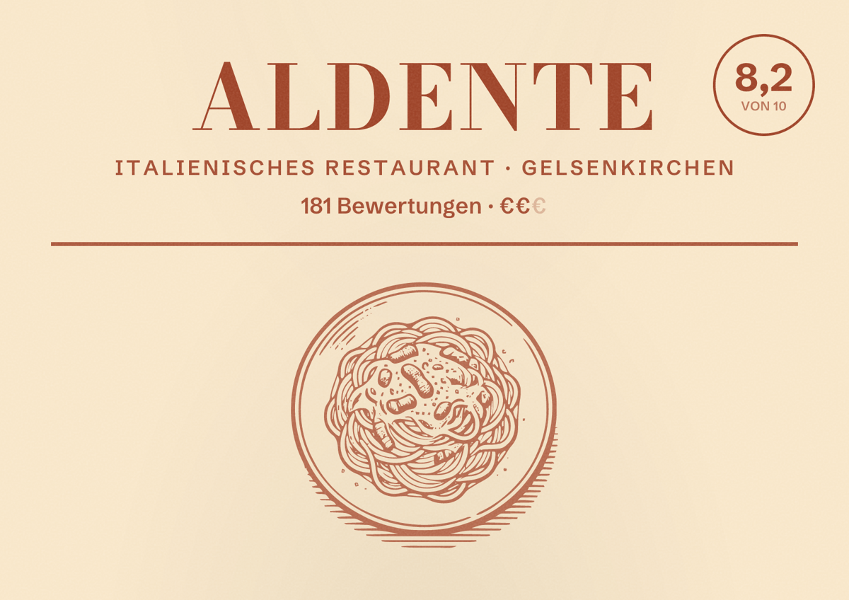 Illustriertes Poster von Aldente, Italienisches Restaurant in Gelsenkirchen: Bewertung 8,2 von 10 aus 181 Bewertungen, Preisniveau €€
