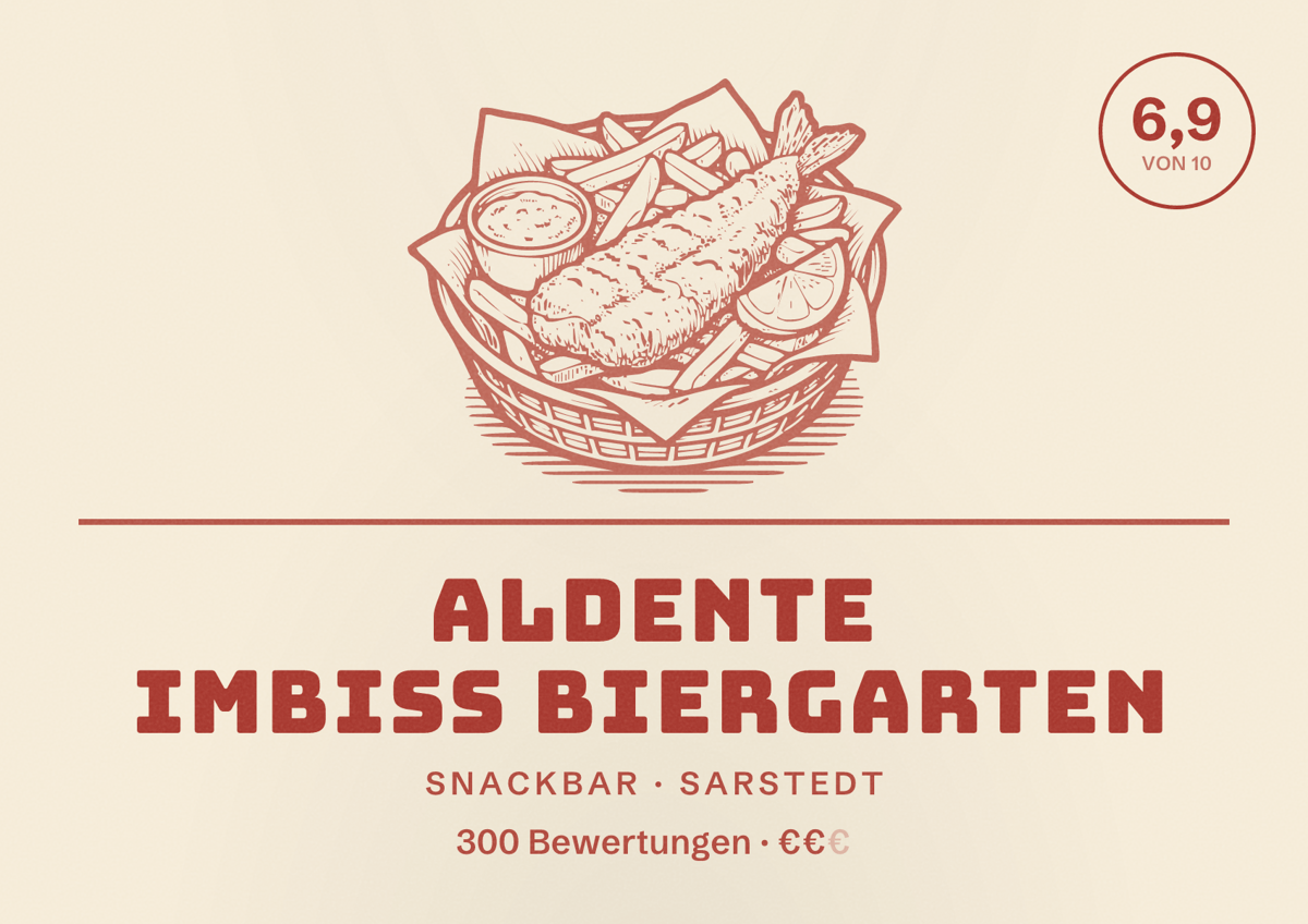 Illustriertes Poster von Aldente Imbiss Biergarten, Snackbar in Sarstedt: Bewertung 6,9 von 10 aus 300 Bewertungen, Preisniveau €€
