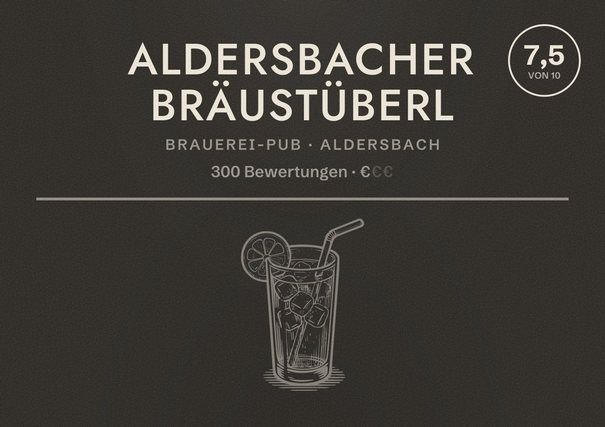 Illustriertes Poster von Aldersbacher Bräustüberl, Brauerei-Pub in Aldersbach: Bewertung 7,5 von 10 aus 300 Bewertungen, Preisniveau €