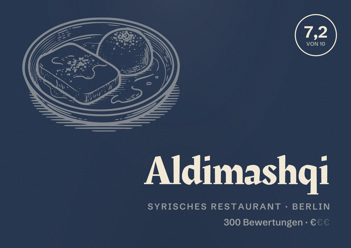 Illustriertes Poster von Aldimashqi, Syrisches Restaurant in Berlin: Bewertung 7,2 von 10 aus 300 Bewertungen, Preisniveau €