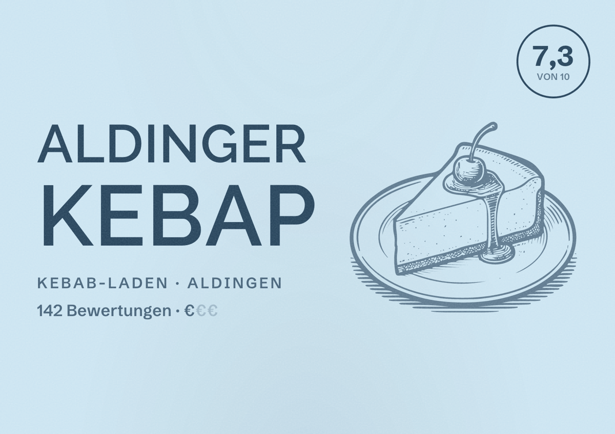 Illustriertes Poster von Aldinger Kebap, Kebab-Laden in Aldingen: Bewertung 7,3 von 10 aus 142 Bewertungen, Preisniveau €