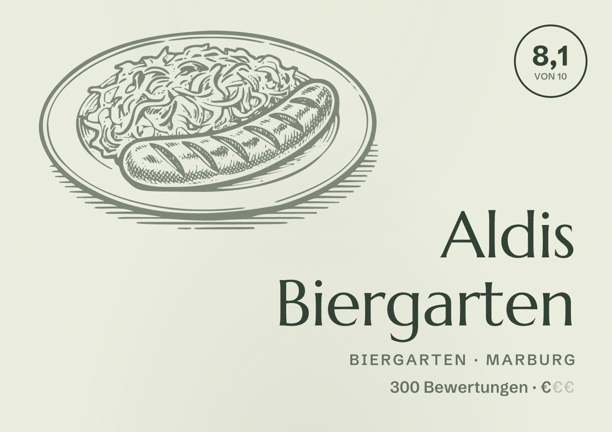 Illustriertes Poster von Aldis Biergarten, Biergarten in Marburg: Bewertung 8,1 von 10 aus 300 Bewertungen, Preisniveau €