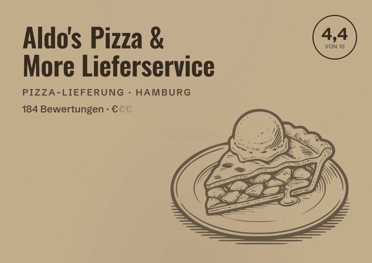 Illustriertes Poster von Aldo's Pizza & More Lieferservice, Pizza-Lieferung in Hamburg: Bewertung 4,4 von 10 aus 184 Bewertungen, Preisniveau €
