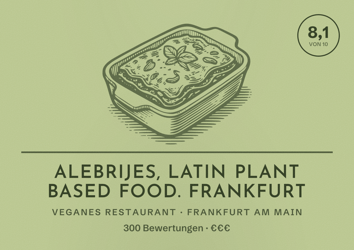 Illustriertes Poster von Alebrijes, Latin plant based food. Frankfurt, Veganes Restaurant in Frankfurt am Main: Bewertung 8,1 von 10 aus 300 Bewertungen, Preisniveau €€€