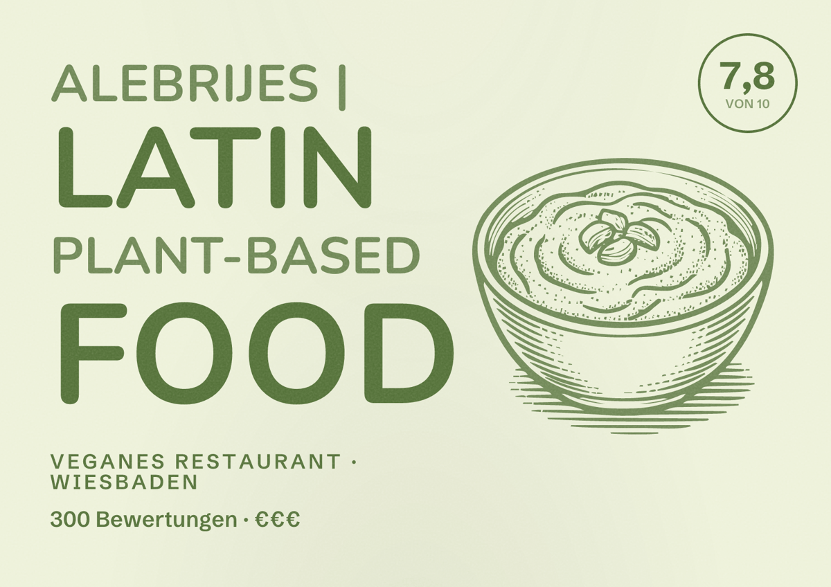 Illustriertes Poster von Alebrijes | Latin Plant-Based Food, Veganes Restaurant in Wiesbaden: Bewertung 7,8 von 10 aus 300 Bewertungen, Preisniveau €€€
