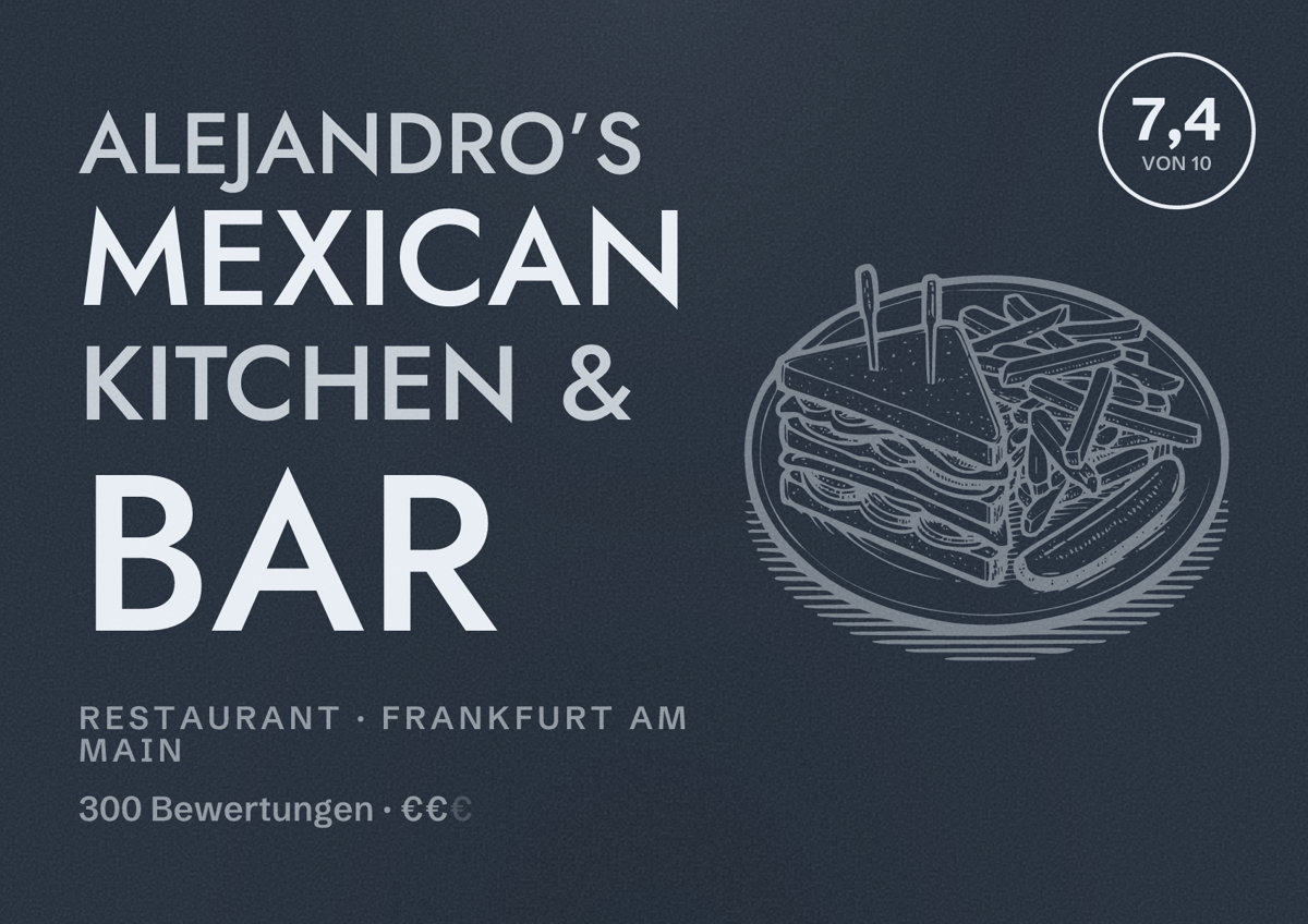 Illustriertes Poster von ALEJANDRO’S mexican kitchen & bar, Restaurant in Frankfurt am Main: Bewertung 7,4 von 10 aus 300 Bewertungen, Preisniveau €€
