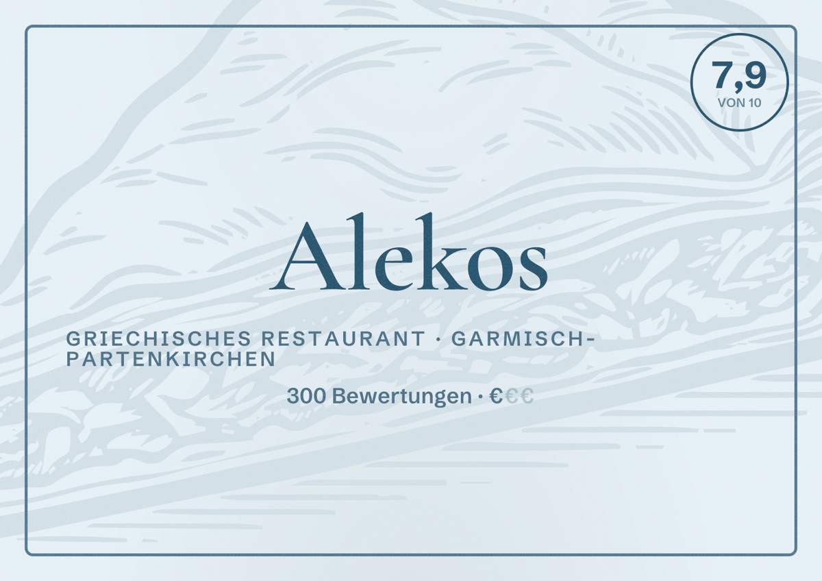 Illustriertes Poster von Alekos, Griechisches Restaurant in Garmisch-Partenkirchen: Bewertung 7,9 von 10 aus 300 Bewertungen, Preisniveau €