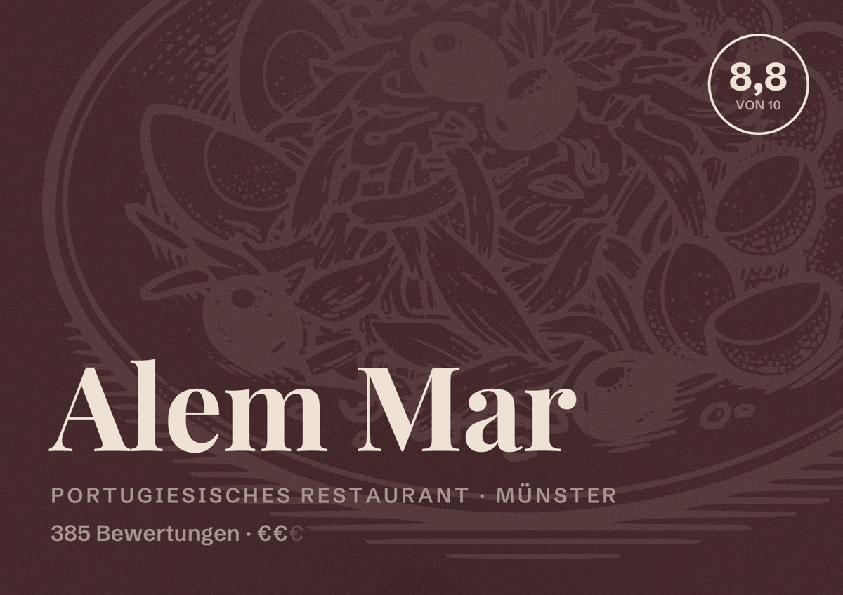 Illustriertes Poster von Alem Mar, Portugiesisches Restaurant in Münster: Bewertung 8,8 von 10 aus 385 Bewertungen, Preisniveau €€
