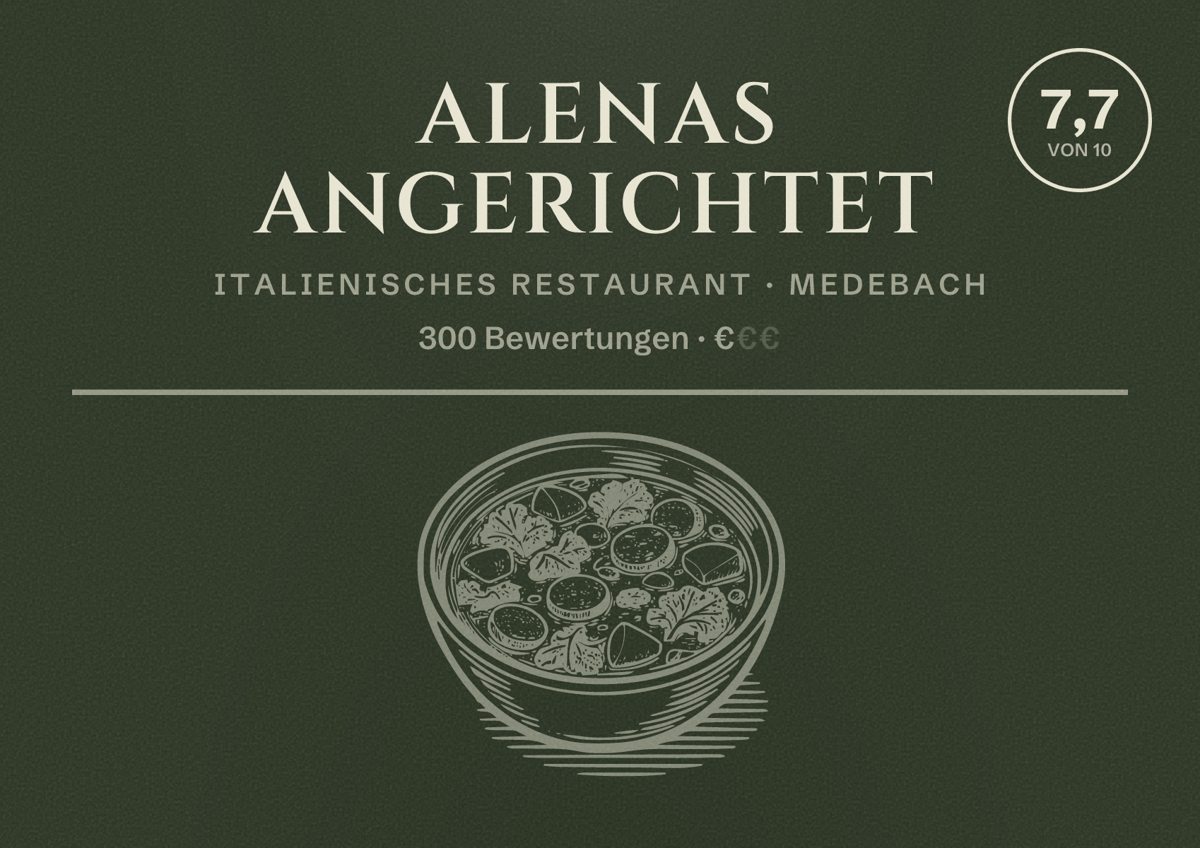 Illustriertes Poster von Alenas ANGERICHTET, Italienisches Restaurant in Medebach: Bewertung 7,7 von 10 aus 300 Bewertungen, Preisniveau €