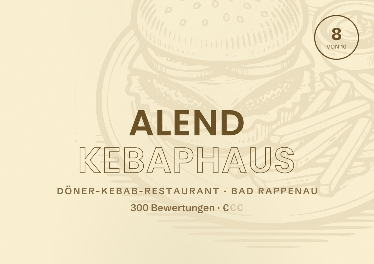 Illustriertes Poster von Alend Kebaphaus, Döner-Kebab-Restaurant in Bad Rappenau: Bewertung 8 von 10 aus 300 Bewertungen, Preisniveau €