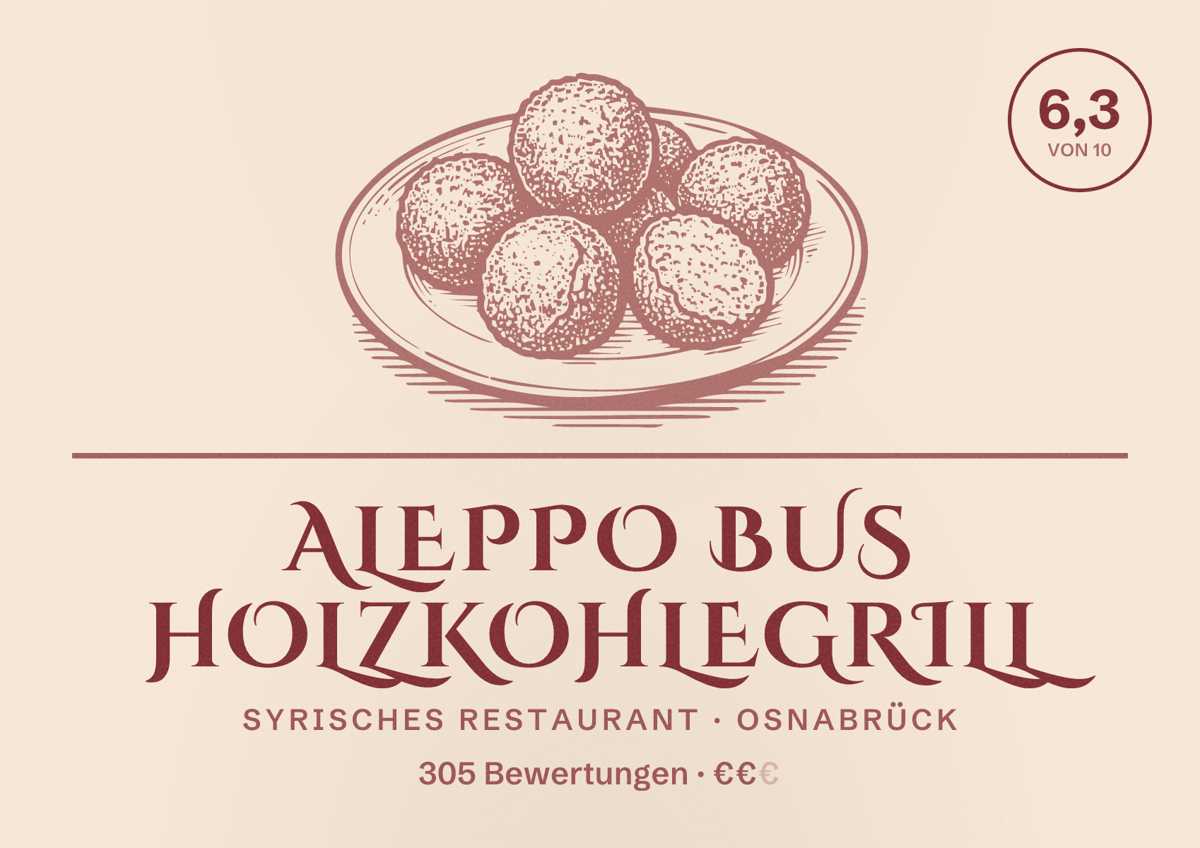 Illustriertes Poster von Aleppo Bus Holzkohlegrill, Syrisches Restaurant in Osnabrück: Bewertung 6,3 von 10 aus 305 Bewertungen, Preisniveau €€