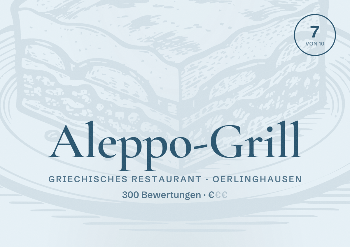 Illustriertes Poster von Aleppo-Grill, Griechisches Restaurant in Oerlinghausen: Bewertung 7 von 10 aus 300 Bewertungen, Preisniveau €