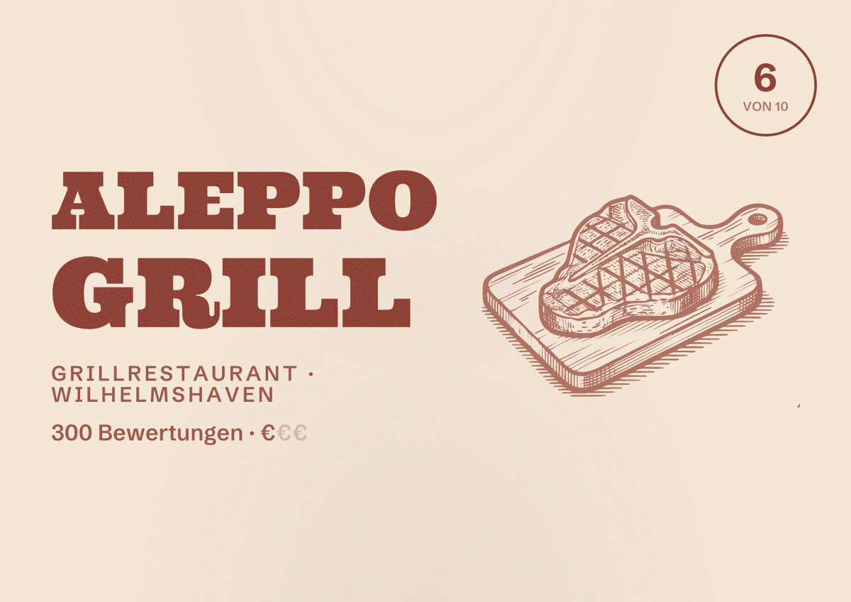 Illustriertes Poster von Aleppo Grill, Grillrestaurant in Wilhelmshaven: Bewertung 6 von 10 aus 300 Bewertungen, Preisniveau €