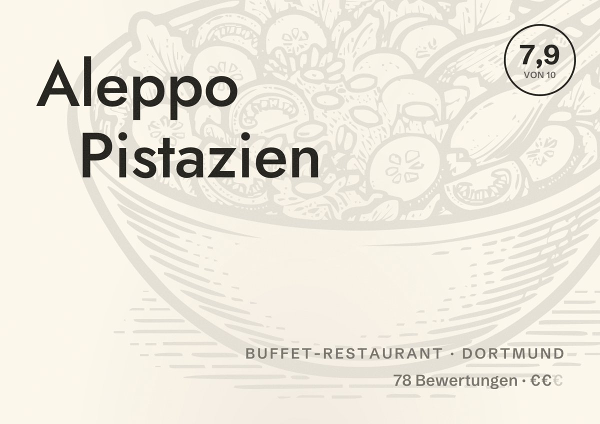 Illustriertes Poster von Aleppo Pistazien, Buffet-Restaurant in Dortmund: Bewertung 7,9 von 10 aus 78 Bewertungen, Preisniveau €€
