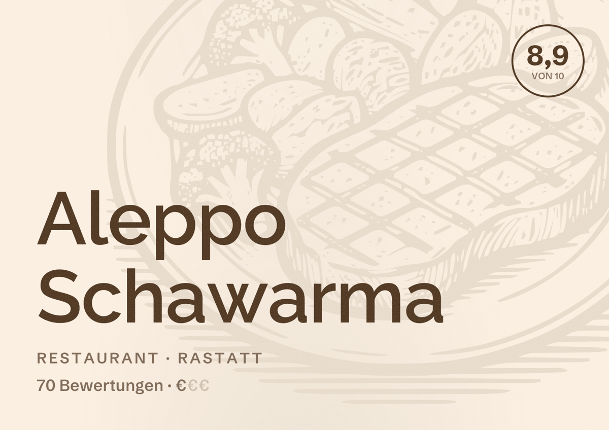 Illustriertes Poster von Aleppo Schawarma, Restaurant in Rastatt: Bewertung 8,9 von 10 aus 70 Bewertungen, Preisniveau €