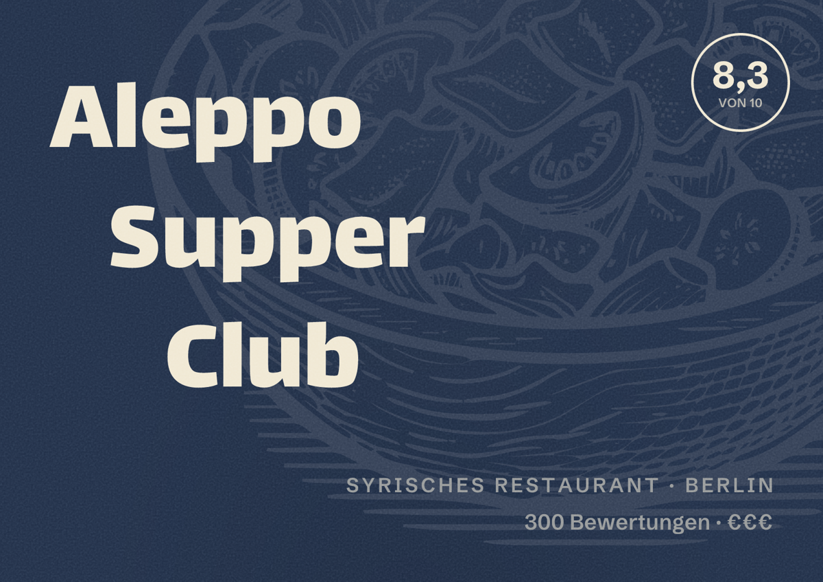 Illustriertes Poster von Aleppo Supper Club, Syrisches Restaurant in Berlin: Bewertung 8,3 von 10 aus 300 Bewertungen, Preisniveau €€€