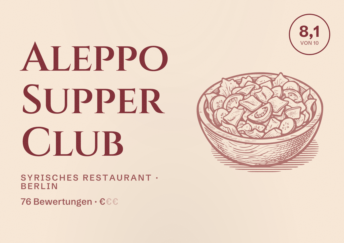 Illustriertes Poster von Aleppo Supper Club, Syrisches Restaurant in Berlin: Bewertung 8,1 von 10 aus 76 Bewertungen, Preisniveau €