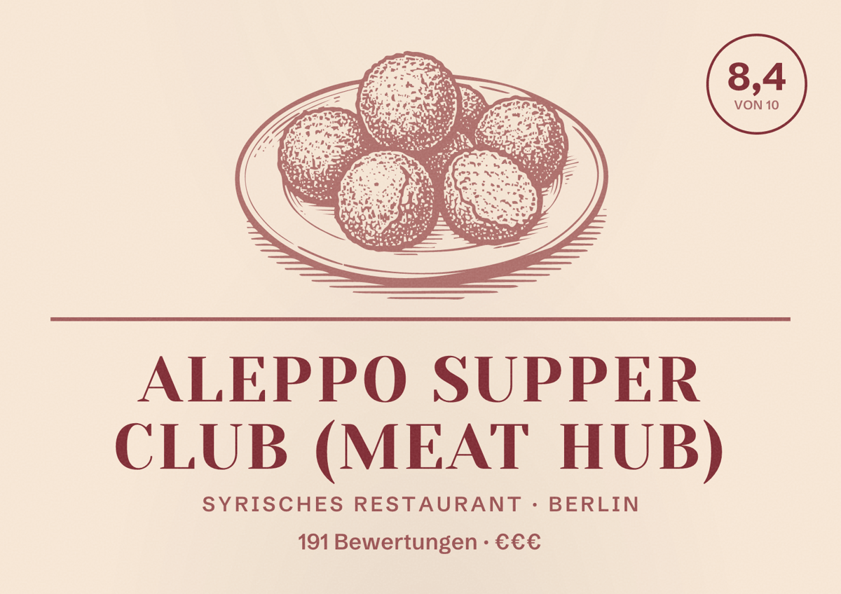 Illustriertes Poster von Aleppo Supper Club (Meat Hub), Syrisches Restaurant in Berlin: Bewertung 8,4 von 10 aus 191 Bewertungen, Preisniveau €€€