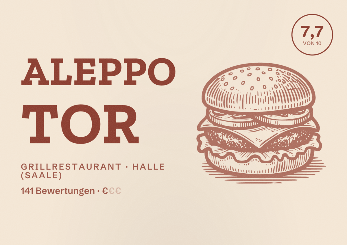 Illustriertes Poster von Aleppo Tor, Grillrestaurant in Halle (Saale): Bewertung 7,7 von 10 aus 141 Bewertungen, Preisniveau €