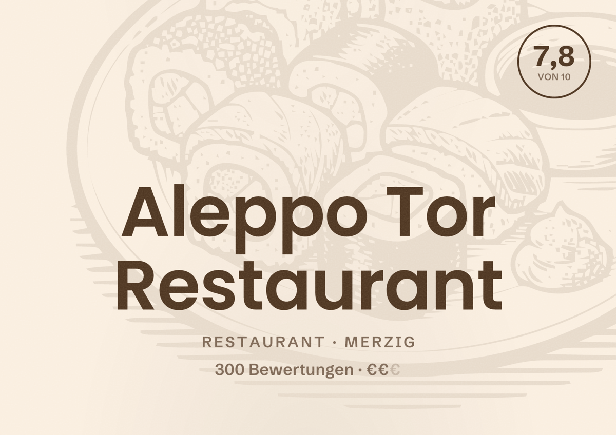 Illustriertes Poster von Aleppo Tor Restaurant, Restaurant in Merzig: Bewertung 7,8 von 10 aus 300 Bewertungen, Preisniveau €€
