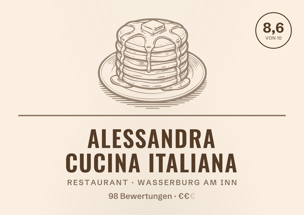 Illustriertes Poster von Alessandra cucina italiana, Restaurant in Wasserburg am Inn: Bewertung 8,6 von 10 aus 98 Bewertungen, Preisniveau €€
