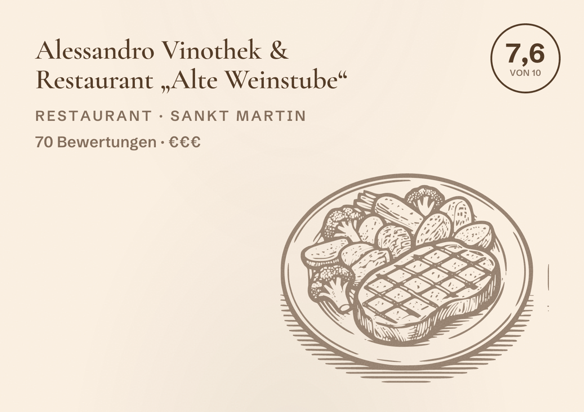 Illustriertes Poster von Alessandro Vinothek & Restaurant „Alte Weinstube“, Restaurant in Sankt Martin: Bewertung 7,6 von 10 aus 70 Bewertungen, Preisniveau €€€